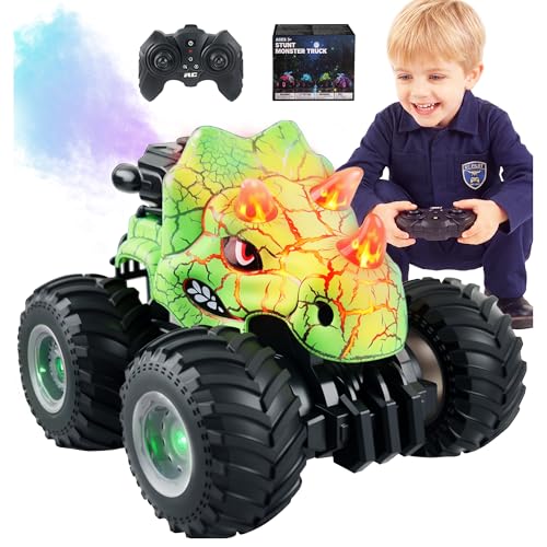 BEZGAR Monster Truck Toys, RC Cars with Mist Spray & Light, Two Batteries | Green Dinosaur Toys, 360° Stunt Spins RC Truck with Music, 4WD Remote Control Car for Boys 4-7, 40+ Mins Battery Life - color: Green