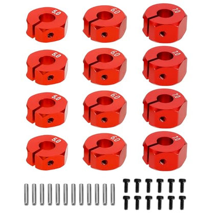 12Pcs Wheel Hex Hub Adapter RC Aluminum Wheel Hub Clamp Type 5mm/6mm/7mm to Prevent Wheels from Getting Stuck and Car Shaking for 1/10 RC Car Hex, Red