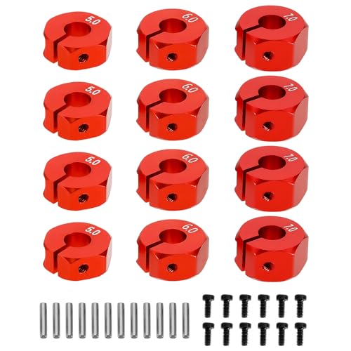 12Pcs Wheel Hex Hub Adapter RC Aluminum Wheel Hub Clamp Type 5mm/6mm/7mm to Prevent Wheels from Getting Stuck and Car Shaking for 1/10 RC Car Hex, Red