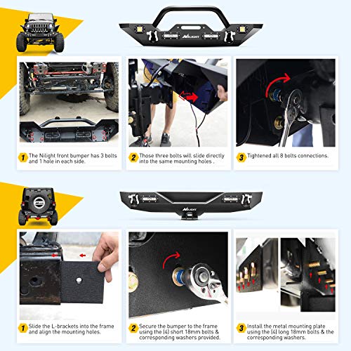 Nilight Front + Rear Combo Compatible for 2007-2018 Jeep Wrangler JK,Rock Crawler Bumper with Hitch Receiver & Nilight Upgraded LED Lights Off Road Textured Black - color: Front Bumper + Rear Bumper
