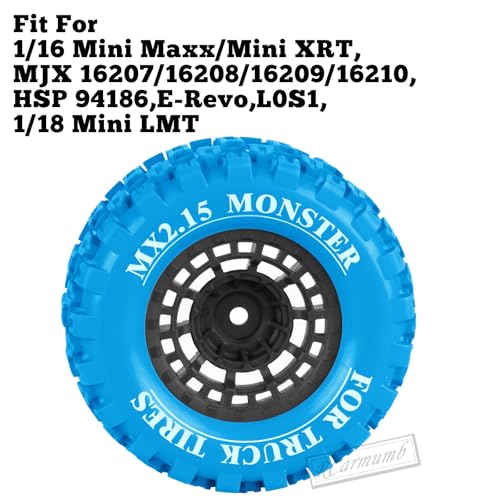 100 * 52MM 1/16 RC Monster Truck Tires 12mm Hex Adapters All-Terrain Traction Tires fit for Mini Maxx/Mini XRT, MJX 16207/16208/16209/16210,HSP 94186,E-Revo,L0S1,1/18 Mini LMT,Blue&Black - color: Blue&black(4pcs)