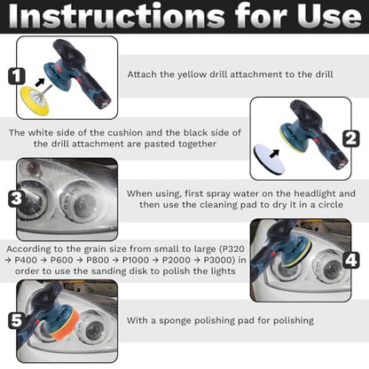 BFXM 38Pcs Car Headlight Restoration Kit, 3 Inch Headlight Polishing Kit | Headlight Cleaning Kit with Sanding Disc Scouring Pad Polishing Pad for Drill, Universal Automotive Tools for Car Headlight