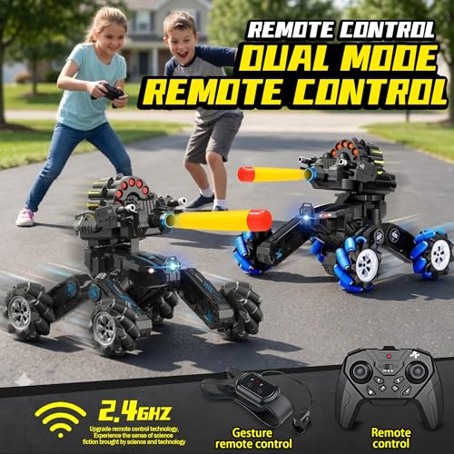 RC Tank Car with Drift, Hand Gesture Control Stunt Truck | 2.4GHz Remote Control, Hand Gesture Control Dual Mode Car, Spray, Music & LED Lights, Deformable Stunt Truck - color: Black & Soft Bullets