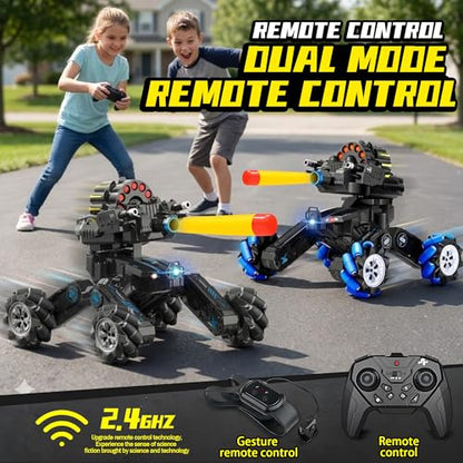 RC Tank Car with Drift, Hand Gesture Control Stunt Truck | 2.4GHz Remote Control, Hand Gesture Control Dual Mode Car, Spray, Music & LED Lights, Deformable Stunt Truck - color: Black & Soft Bullets