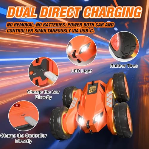 Remote Control Car, Rechargeable RC Cars & Remote 360° Flips Rotating 2.4Ghz 4WD All Terrain Stunt Race Car Toy Christmas Birthday Gift for Kids Boys 3-12 - style: Orange