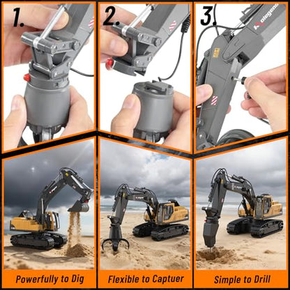 3 in 1 Remote Control Excavator Toy 14 Channel RC Excavator Toy for Boys 3-12 with Bucket/Claw/Drill 2.4GHz Full Functional Construction Vehicles Toys Gift for 6 7 8 9 10 Years Old Kids Boys - size: Small