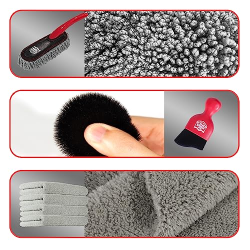 Car Interior Detailing Kit - Red Duster & Brush, Towel | Sweeps dash & vents. Soft fleece cloth absorbs dirt scratch-free. Perfect auto care gift box for narrow gaps & buttons. - color: Detailingbrushset2024