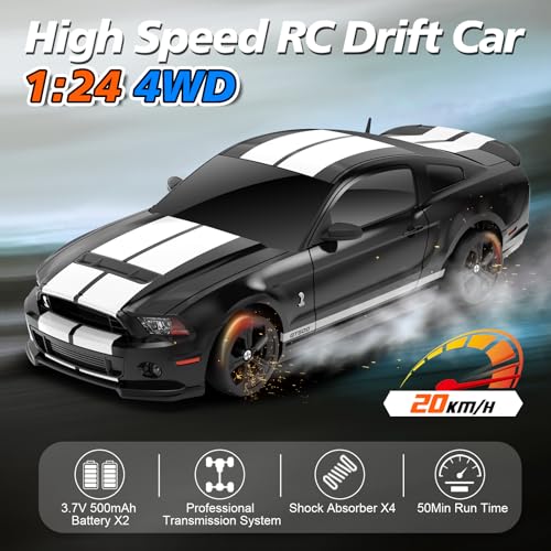 YONCHER RC Drift Car, Remote Control Car for Kids Ford Mustang Shelby GT500 Officially Licensed, 1:24 20KM/H 4WD RC Cars with Lights, Fast Racing Toy Car for Boys Girls, Black - color: Gt500 Black