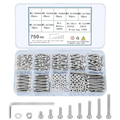 750 Pcs M2.5 Screws, Nuts and Washers Set - Metric Hex Socket Head Cap Bolts Kit - Stainless Steel Machine Screws Assortment With Fully Threaded Hex Nuts - size: M2.5