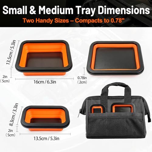 Collapsible Magnetic Parts Tray Set (2-Pack, S&M) - 1000-1200GS Strong Magnet, Silicone Foldable Tray for Screws, Bolts, Nuts, Washers - Ideal for Mechanics & Auto Repair (Orange)