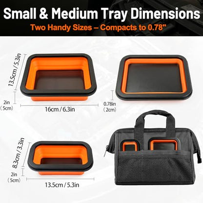 Collapsible Magnetic Parts Tray Set (2-Pack, S&M) - 1000-1200GS Strong Magnet, Silicone Foldable Tray for Screws, Bolts, Nuts, Washers - Ideal for Mechanics & Auto Repair (Orange)