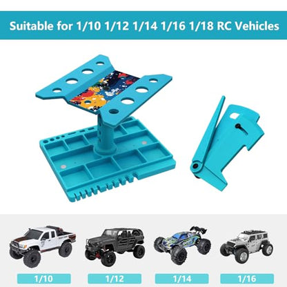 360 Degree Rotation RC Car Work Stand Lift Lower Repair Workstation with RC Car Ride Height Gauge for 1/10 1/12 1/14 1/16 Crawler Remote Control Car Truck Buggy, Blue - color: Blue