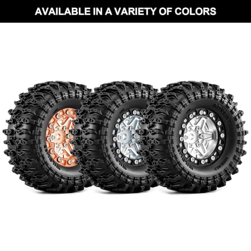 1.3" Beadlock Wheels and Tires 64mm (2.52in) for SCX24 TRX4M 1/18 1/24 RC Crawlers – Aluminum Rims, Rubber Tires with Foam Inserts, Easy-Install Upgrade Parts (Titanium) - color: Titanium 311