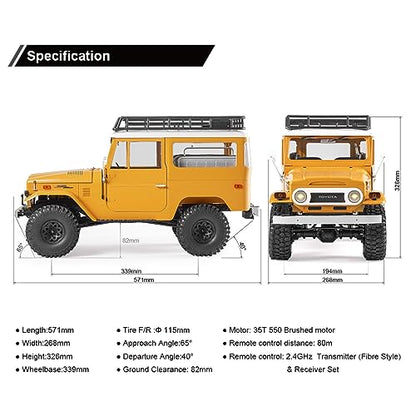 EAZYRC X FMS 1/10 Toyota Land Cruiser FJ40 RS with Licensed RC Truck Blue, All Terrain Waterproof 4WD 35T 550 Motor RC Crawler for Adult,2.4Ghz Remote Control, RS Version(Yellow) - color: Yellow