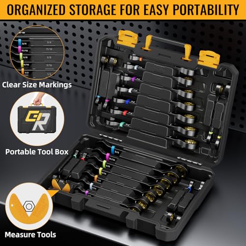 GRENPRO 23PCS Ratcheting Combination Wrench Set SAE Metric Mechanic Tools | 1/4"-3/4"&6-18MM Bolt Gauge, Electro-Coated CR-V 72-Tooth 5Deg Swing 12Pt Color Rings, Roll Pouch for Auto&Home Repair - style: Ratcheting Wrench Set with Color Ring (Metric&SAE)