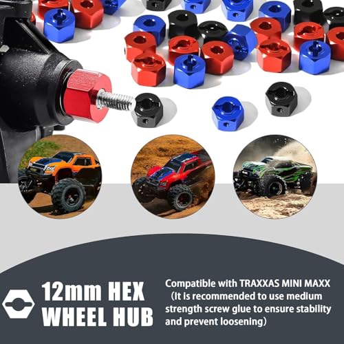 Aluminum 12mm Hex Wheel Hub 4Pcs w/Axle Pin M4 Flange Lock Nut Standard M3 M4 Nut, 7mm Thickness Wheel Drive Adapter Upgrades Parts for 1/16 TRAXXAS MINI MAXX 4WD RTR RC Car(Red) - color: Red