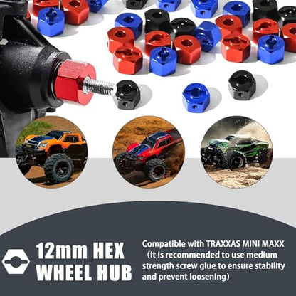 Aluminum 12mm Hex Wheel Hub 4Pcs w/Axle Pin M4 Flange Lock Nut Standard M3 M4 Nut, 7mm Thickness Wheel Drive Adapter Upgrades Parts for 1/16 TRAXXAS MINI MAXX 4WD RTR RC Car(Red) - color: Red