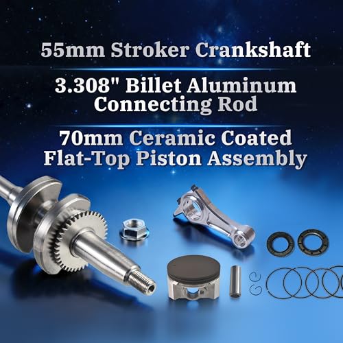 55mm Stroker Crankshaft 3.308" Billet Aluminum Connecting Rod 70mm Ceramic Coated Flat-Top Piston Stroker Rotating Assembly For Predator 212cc Hemi Engine Go Kart Mini Bike Silver - color: Silver