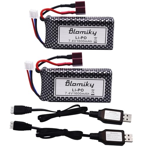 Blomiky 2 Pack 11.84Wh 7.4V 1600mAh Li-po Rechargeable Battery and USB Cable Suitable for Some 1/10 1/12 Scales RC Truck Cars 25-DJ02 / 7.4V 1600mAh 2