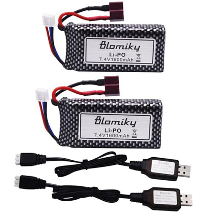 Blomiky 2 Pack 11.84Wh 7.4V 1600mAh Li-po Rechargeable Battery and USB Cable Suitable for Some 1/10 1/12 Scales RC Truck Cars 25-DJ02 / 7.4V 1600mAh 2