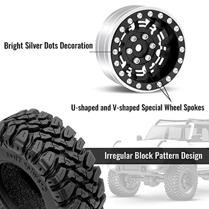 OGRC 1.3" Wheel and Tires 7mm Offset Beadlock Wheels for 1/24 1/18 RC Car | Aluminum, 7mm Hex, Soft and Sticky Tires, for TRX4M SCX24 RC Carwler Car, Black - color: Black