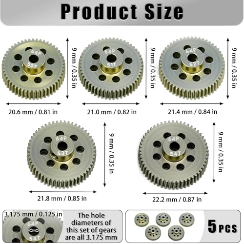 5Pcs 64P Aluminum Alloy Pinion Gear Set 3.175mm 50T 51T 52T 53T 54T Motor Pinion Gear W/ M4 Screw and Hex Key, Fit 3.175mm (1/8-Inch) Shaft, for Arrma HPI Kyosho Losi Axial Traxxas Tamiya 1/10 RC Car - size: 64P-3.175mm-50-54T