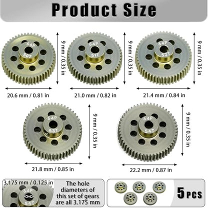 5Pcs 64P Aluminum Alloy Pinion Gear Set 3.175mm 50T 51T 52T 53T 54T Motor Pinion Gear W/ M4 Screw and Hex Key, Fit 3.175mm (1/8-Inch) Shaft, for Arrma HPI Kyosho Losi Axial Traxxas Tamiya 1/10 RC Car - size: 64P-3.175mm-50-54T
