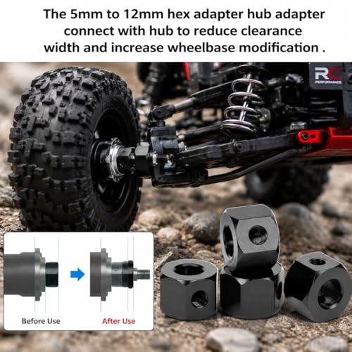 5mm to 12mm Aluminum Alloy Wheel Extension Hex Drive Hub Adapter for RC Car WPL D12 RC Truck(Black)