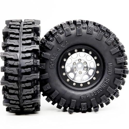 120mm Tall 1.9 Mud Slingers T8 Tires Tyres Mounted on Aluminum 1.9 Beadlock Wheels for 1/10 RC TRX4 SCX10 Gen8 Upgrades, (4-Pack, HS700570) - color: Silver & Black