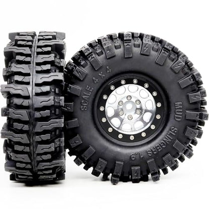 120mm Tall 1.9 Mud Slingers T8 Tires Tyres Mounted on Aluminum 1.9 Beadlock Wheels for 1/10 RC TRX4 SCX10 Gen8 Upgrades, (4-Pack, HS700570) - color: Silver & Black