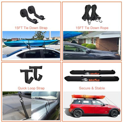 Universal Car Soft Roof Rack Pads Luggage Carrier Rack for Kayak Surfboard SUP Canoe Include 2 Heavy Duty Tie Down Straps, 2 Tie Down Rope, 2 Quick Loop Strap - size: 29 Inch