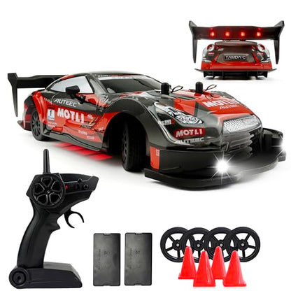 HTURCCOP 1:20 RC Drift Car 2.4GHz 4WD High Speed Drift Remote Control Cars Vehicle with LED Lights and Drifting Tires Batteries x2 Racing Sport Toy Cars for Adults Boys Girls Kids (Red) - color: Red