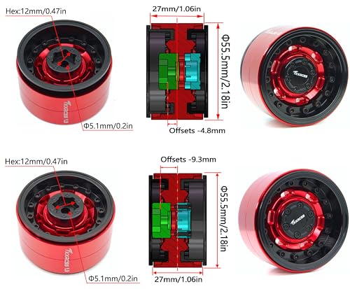 RC 1.9 Beadlock Wheels Adjustable 2 Offsets Rims Hub Aluminum Upgrades for 1/10 RC Crawler Axial SCX10 RR10 Wraith TRX4 TRX-6 XN (Red & Black) XN1909 - color: Red & Black