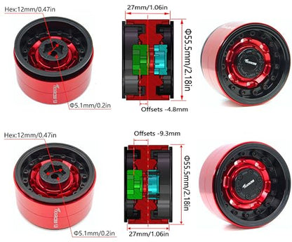 RC 1.9 Beadlock Wheels Adjustable 2 Offsets Rims Hub Aluminum Upgrades for 1/10 RC Crawler Axial SCX10 RR10 Wraith TRX4 TRX-6 XN (Red & Black) XN1909 - color: Red & Black