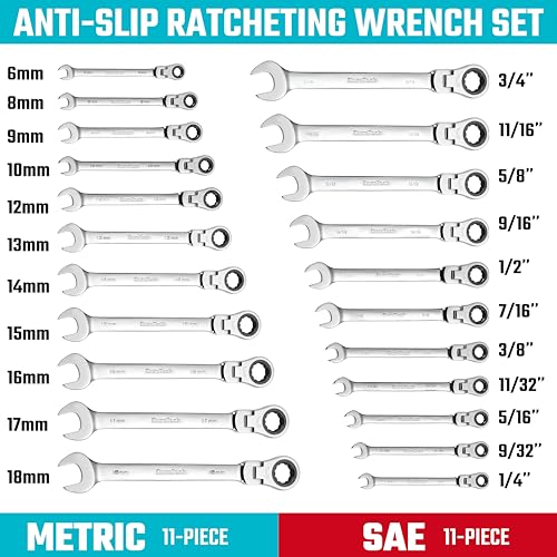 DURATECH Flex Head Ratcheting Wrench Set, 22-piece, Metric & SAE | Combination Wrench Set, 1/4" to 3/4" & 6-18mm, CR-V Steel, Mirror Polished, With Pouch - size: 1/4"-3/4" & 6mm-18mm