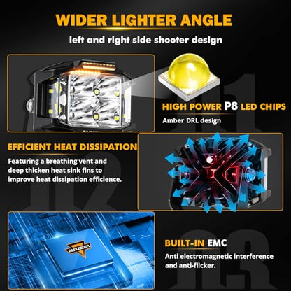Auxbeam V-MAX Series 4'' 92W Cube LED Pod 270° Side Shooter Offroad Light | Spot Flood Combo Light Pod with DRL, 92W 8960LM,3 Lighting Modes, Amber Covers, 1Lux@476m, Auxiliary Ditch Light, Easy To Use - color: 4in Cube LED Pod