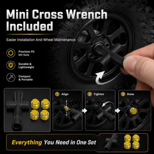 4PCS M4 RC Wheel Nuts, Aluminum Dustproof Wheel Rim Center Cap Hub Nuts with Mini Cross Wrench for 1/10 RC Crawler TRX4 TRX6 SCX10 SCX10 II D90 Redcat Tamiya HPI, Gold - color: Gold