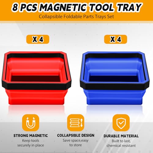 Huwena 8 Pcs Collapsible Magnetic Parts Tray Set Foldable Tool Trays Square Double-sided Magnetic Parts Bowl for Screw Bolts Nuts Washers Pins Mechanic Tool Gifts for Men (Red and Blue) - color: Red and Blue