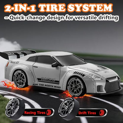 RC Drift Car, 1:24 Scale Remote Control Vehicle with LED Lights,Drifting Tires＆Two Batteries, Racing Sports Toy Idea Gift for Adults Boys Girls and Kids Galactic Silver - color: Galactic Silver