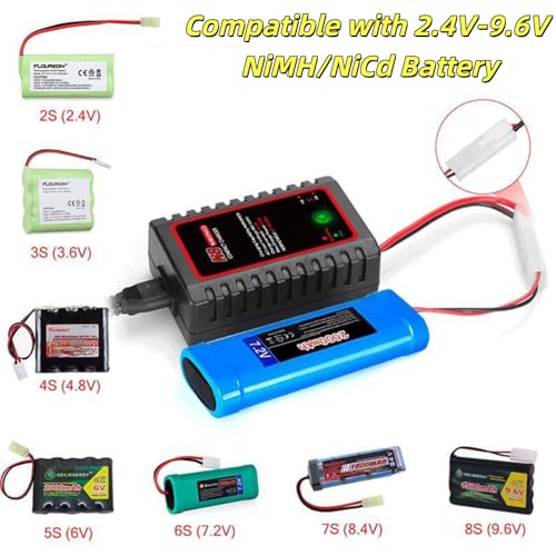 N8 NiMH NiCd Battery Charger for 2-8s Battery Packs, 1A/2A Smart RC Charger with Tamiya Connector & Alligator Clips for RC Cars, Ship Model, Drones, Airsoft