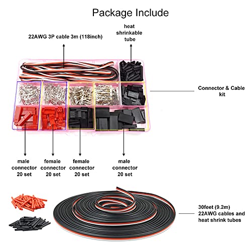 Servo Connector Plug Crimp Pin Kit and 22AWG Servo Cables Bundle Compatible JST SYP Futaba for Hitec Spektrum RC