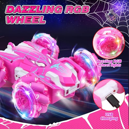 Dolanus Girls Toys Spider Remote Control Car, Age 3+, Kids Gift, Pink | RGB Wheel Lights, Dual Sided Stunts, 360° Spins, Sideways Drifts, USB Charging, 2.4GHz Control, for 3 4 5 6 7 8 12 Year Old