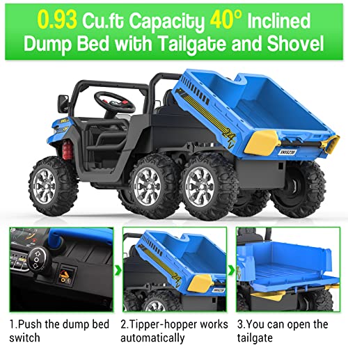 Hetoy 24V 2-Seater Ride On Dump Truck with Parent Remote Control, 4WD 6-Wheel Electric Car for Big Kids, UTV Style Dump Bed & Music Horn, ASTM/CPSIA Certified (Ages 3+) - color: Blue