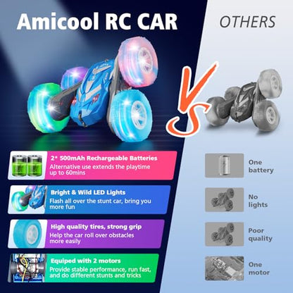 Amicool Remote Control Car for Boys 6-12 with Flashing Lights – 4WD Double-Sided 360° Flip Stunt RC Car | Birthday Indoor & Outdoor Play | Blue - color: Blue