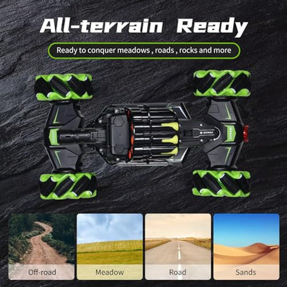 Rc Car Shoot SoftBullet,Fits for Nerf, Remote Control Hand Gesture Stunt Drift Truck, 360°Rotating Battle Tanks with Soft Bullets Water Bomb, Spray, Music, Led, Toy Gifts（Green） - color: Green