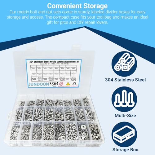 3364Pcs Machine Screw Assortment Kit, M2 M3 M4 M5 Metric Bolts and Nuts Kit with Lock Washers & Flat Washers, 304 Stainless Steel Hex Socket Head Cap Screws Set with Allen Wrench - color: 3360 M2 M3 M4 M5 C
