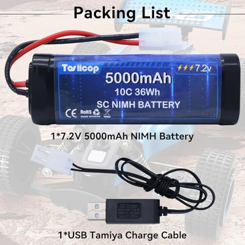 7.2V 5000mAh NIMH Battery Pack - 7.2 Volt RC Rechargeable Batteries with Tamiya Plug Connector for Remote Control Car Monster Trucks Buggy Truggy Boat Tank and Related Series
