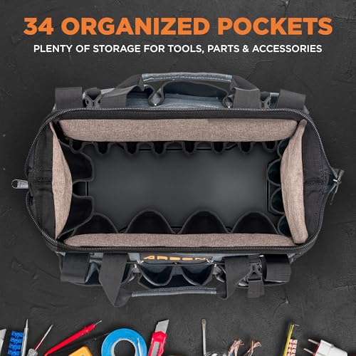 Arbon Electrician Tool Bag, Heavy Duty Tool Organizer, 34 Pockets, 52+ lb | Large storage for men, 5-layer reinforced walls, metal frame, hard molded base, water resistant polyester PP plastic, gray