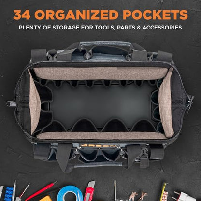 Arbon Electrician Tool Bag, Heavy Duty Tool Organizer, 34 Pockets, 52+ lb | Large storage for men, 5-layer reinforced walls, metal frame, hard molded base, water resistant polyester PP plastic, gray
