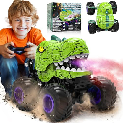 BEZGAR Monster Truck Toys, 1:20 Remote Control Car with Spray, Light, Music | Green Dinosaur Toys for Kids, 1:20 Scale RC Truck with 360° Spins and Drifting, Car Toys Gifts for Boys 4-7 - color: Green